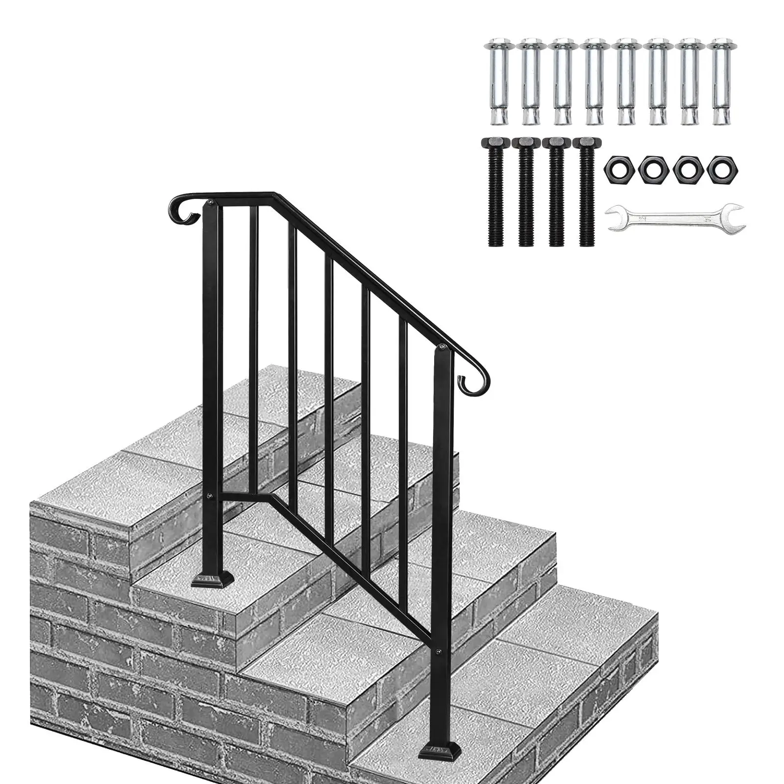 Artisasset Matte Black Iron 2-Step Outdoor Handrail - Stylish & Durable Safety Solution