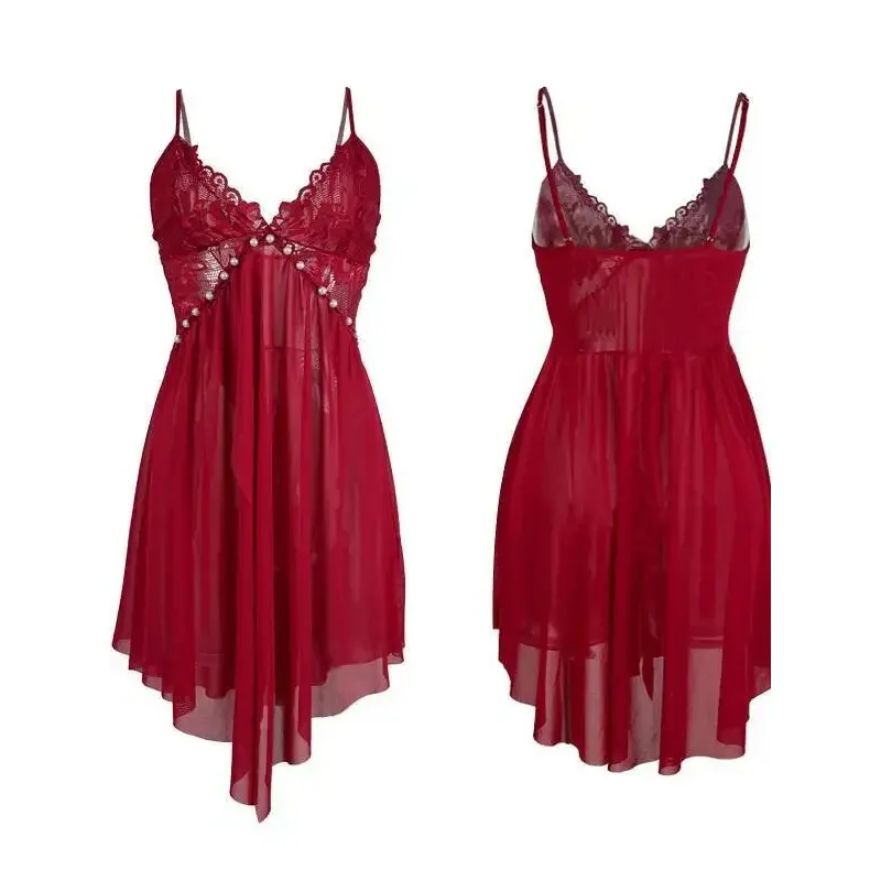 Sexy Nachthemd mit Spitzenträgern, mit Perlen verziert, durchsichtiges Netz, direkte einfarbige, rückenfreie, tiefe V-Hosenträger, ärmelloses Kleid