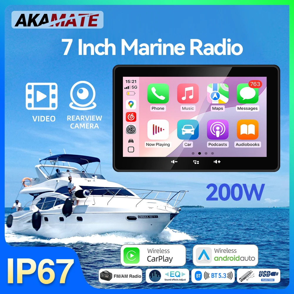 

7inch Marine Radio Wireless CarPlay Android Auto FM AM Radio Receiver Waterproof for RV ATV UTV SPA RZR Stereo Multimedia Player