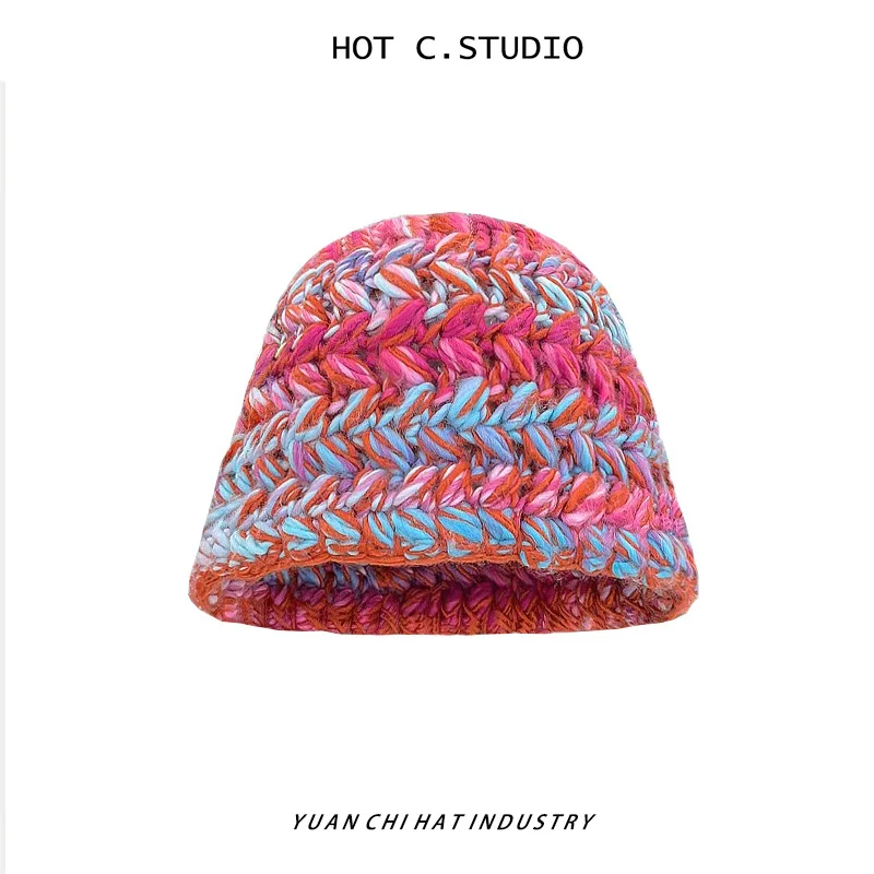 Autumn and Winter Designer Mixed Color Thick Beanies for Women Cycling All-match Warm Ear Protection Windproof Cold Bucket Hat