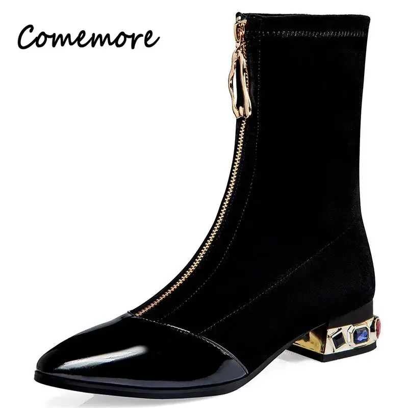 Comemore Short Sock Boots Woman Boot Spring Rhinestone Square Mid Heel Women\'s Winter Shoes Luxury Female Footwear Zapatos Mujer