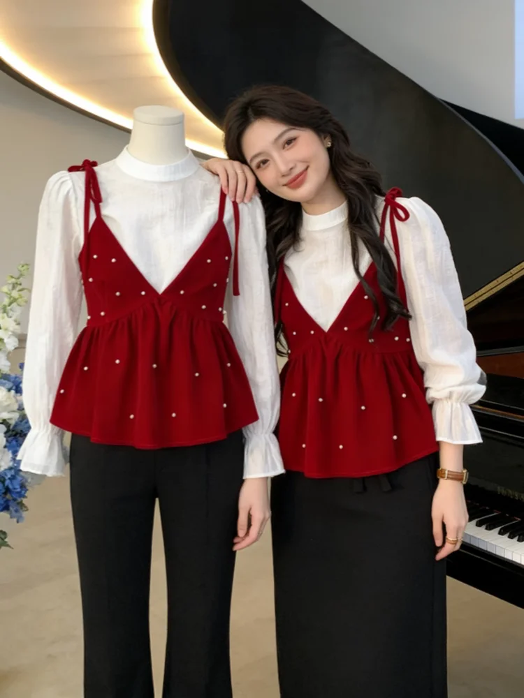 

Бархатный жилет на бретельках, женский модный комплект с расклешенным све irt, внутренняя одежда, многослойная новогодняя атмосфера, осень-зима, новинка A...