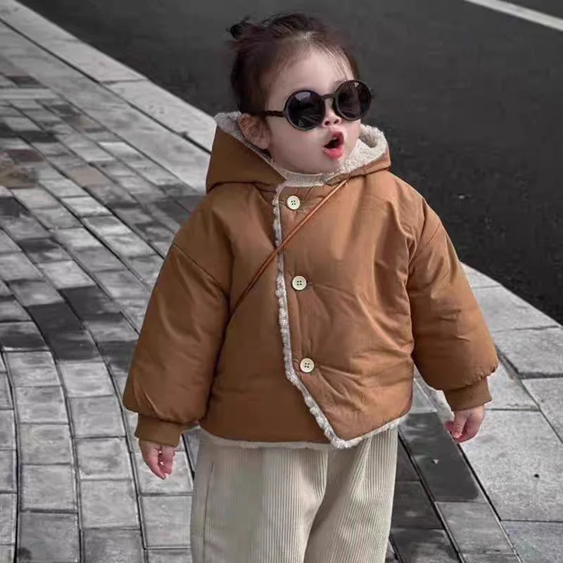 

i2025 Новая флисовая утолщенная хлопковая куртка с капюшоном для мальчиков и девочек, осенне-зимняя теплая ветрозащитная хлопковая куртка