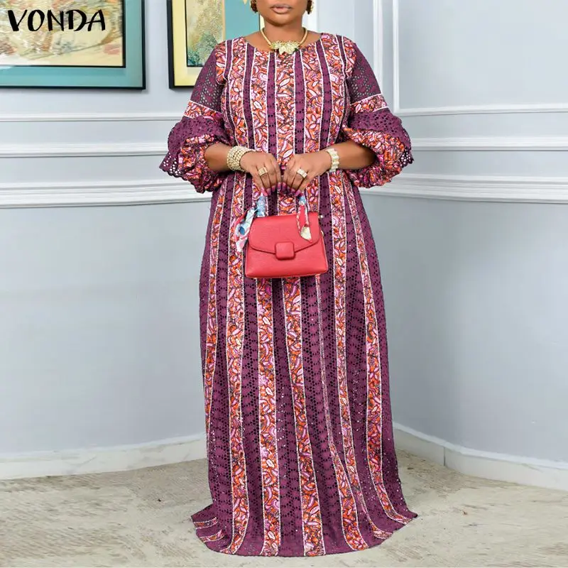 

Плюс размер 5XL VONDA женские винтажные платья макси с принтом 2026 летние кружевные лоскутные повседневные длинные халаты с рукавами-фонариками вечерние платья