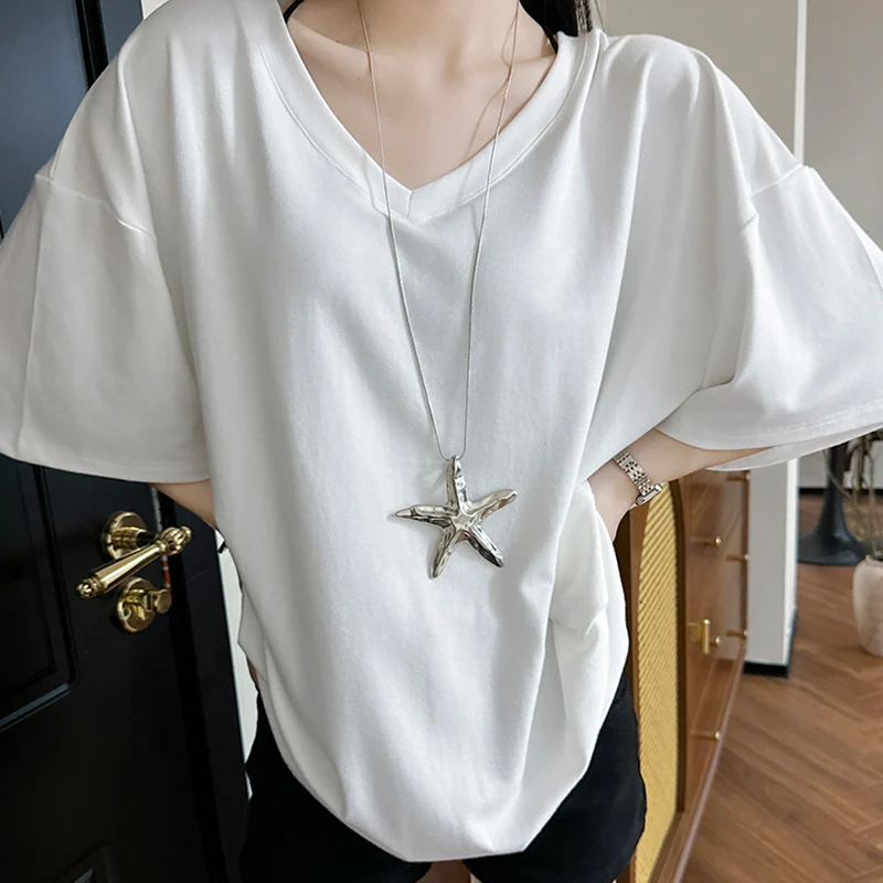 

2025 Summer Oversized White T Shirt Women All Match Short Sleeve Loose V Neck Tshirt Woman Korean Style Basic T Shirts Female