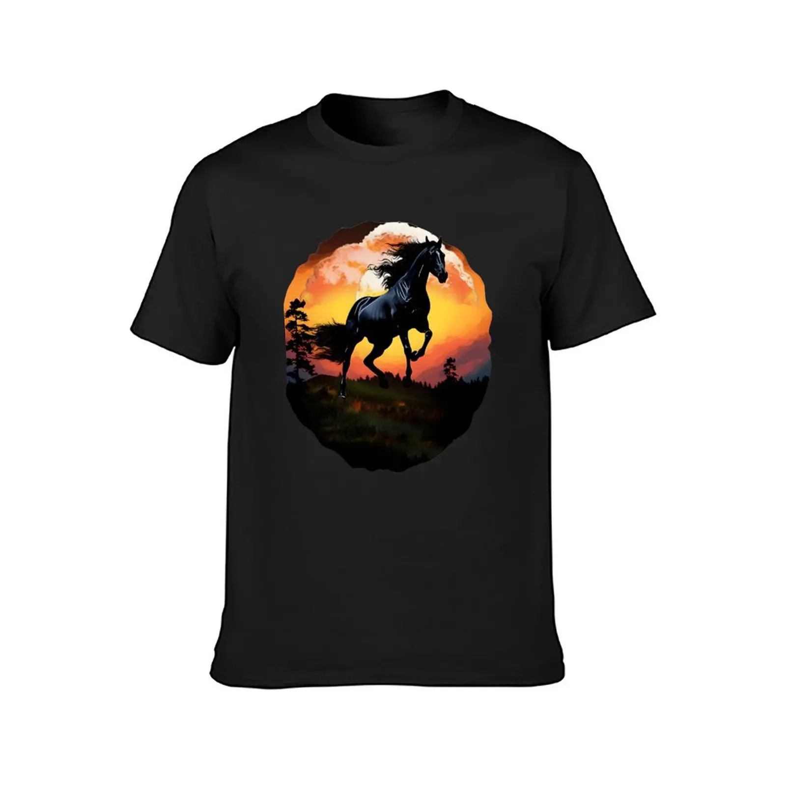 Stunningly Beautiful Black Friesian Horse on a Hilltop Graphic Design T-Shirt oversized anime clothes mens t shirt