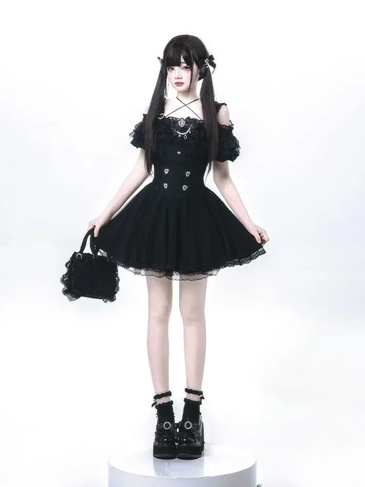 

Japanese Kawaii Lolita Style Bow Dress Set Women Retro Sweet Lace Off Shoulder Shirt Gothic Y2k Mini Cake Skirt Suit Girls