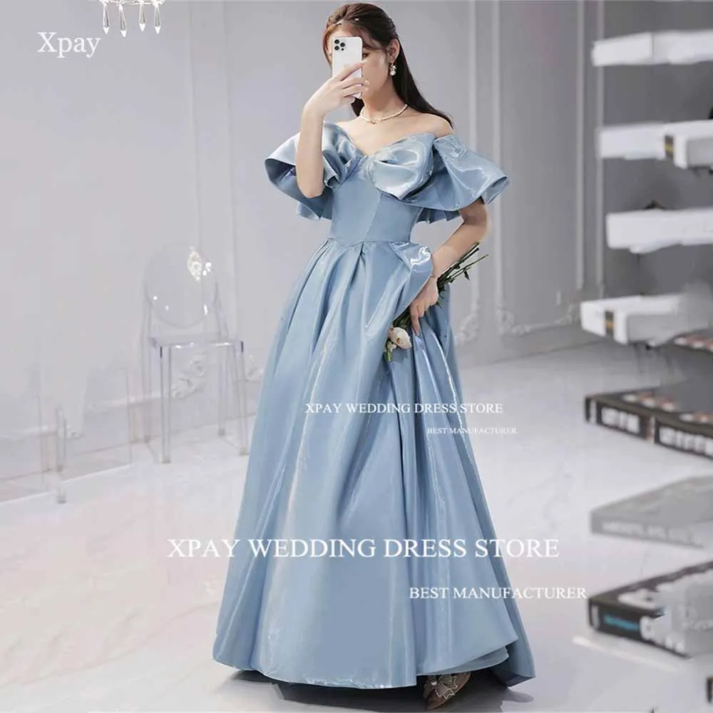 

XPAY Off Shoulder Korea A Line Wedding Party Dresses Short Sleeves Big Bow Prom Gown Photo Shoot Ruffles Birthday Evening Dress