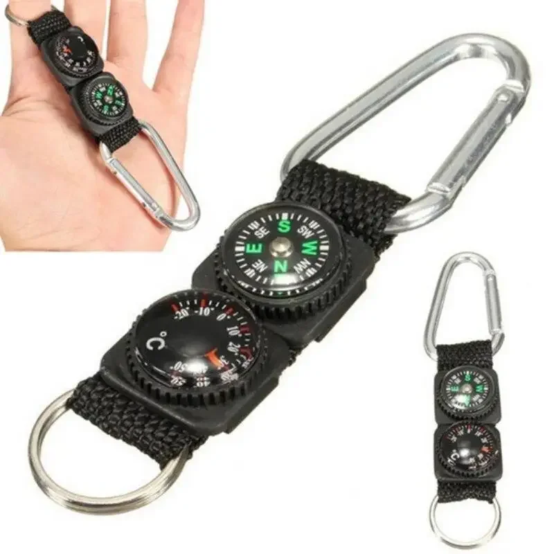 Camping Outdoors Tools Multiuse Compass Pointer Mini Keychain Metal Climbing Thermometer Key Hook for Hiking Sports Accessories