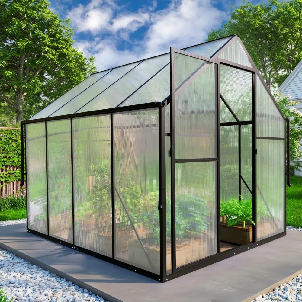 

Large Outdoor Polycarbonate Walk-in Greenhouse with Adjustable Roof Vent and Rain Gutter, 6x8 Feet