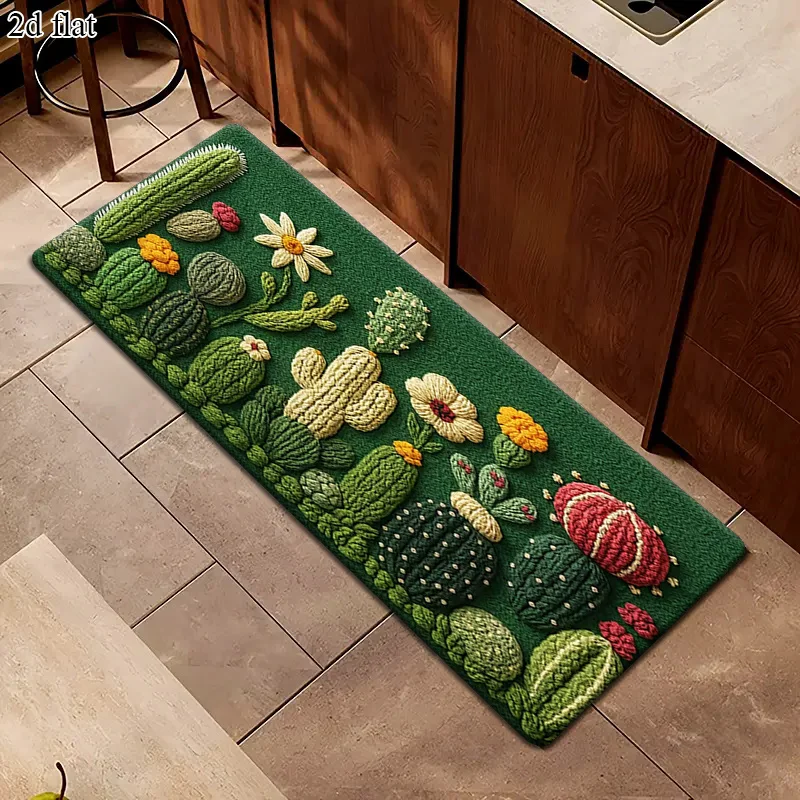 Dark Green Knit Cactus Flower Runner Mat Anti Slip Absorbent Rug Embossed Succulent Floral Carpet for Bedroom Kitchen Laundry