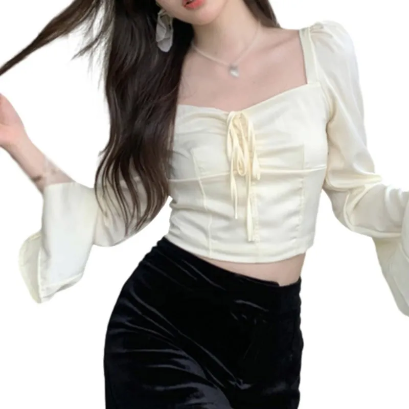 Women\'s Long Sleeve Tops Square Neck Fashion Ruched Party Club Casual Crop Blouse Shirt