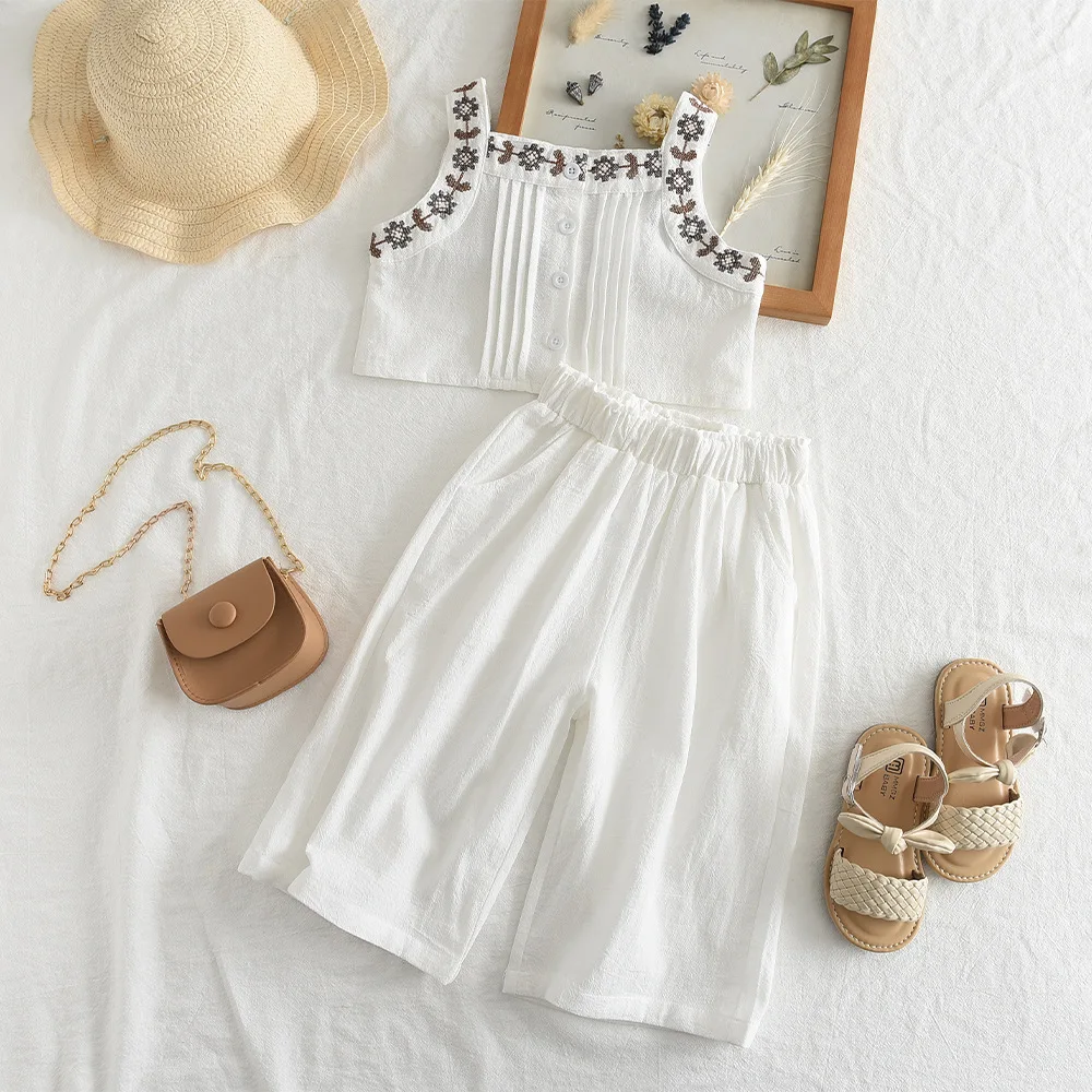 

Girls' Sleeveless Set Summer New Children Strap Wide-Leg Pants Two-Piece Set Kids Embroidered Top Retro Solid Color Pants Set
