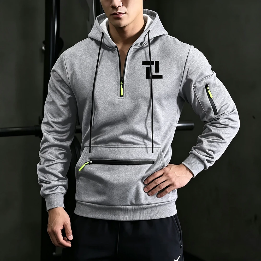 Multi Pocket Men Pullover Hoodie Geometric Block Print Long Sleeve Hooded Top Green Zipper Casual Daily Sports Sweatshirt