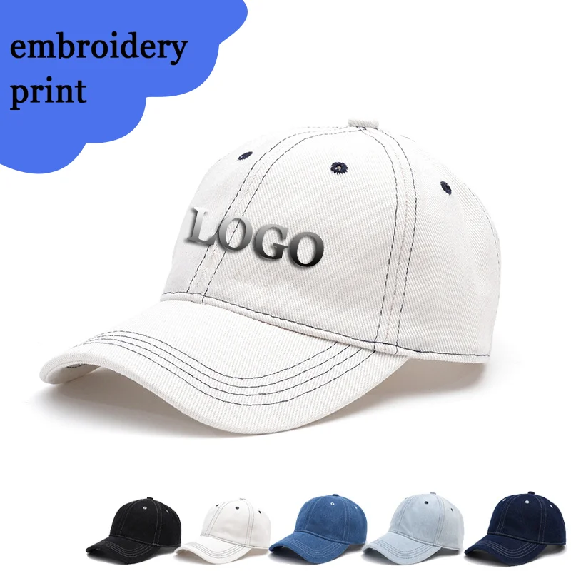 Custom Logo Spring Autumn Men Baseball Cap Adjustable 6-Panel Denim Trucker Hat Lady DIY Causal Sun Cap Retro Solid Snapback Hat