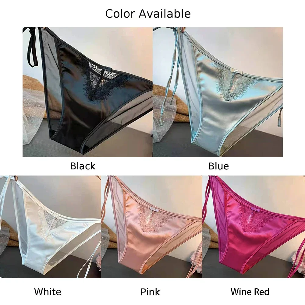 Fashion Women Satin Silk Lace Panties Briefs Lingerie For Ladies Adjustable Waist Soft Female Underwear Briefs Seamless Briefs