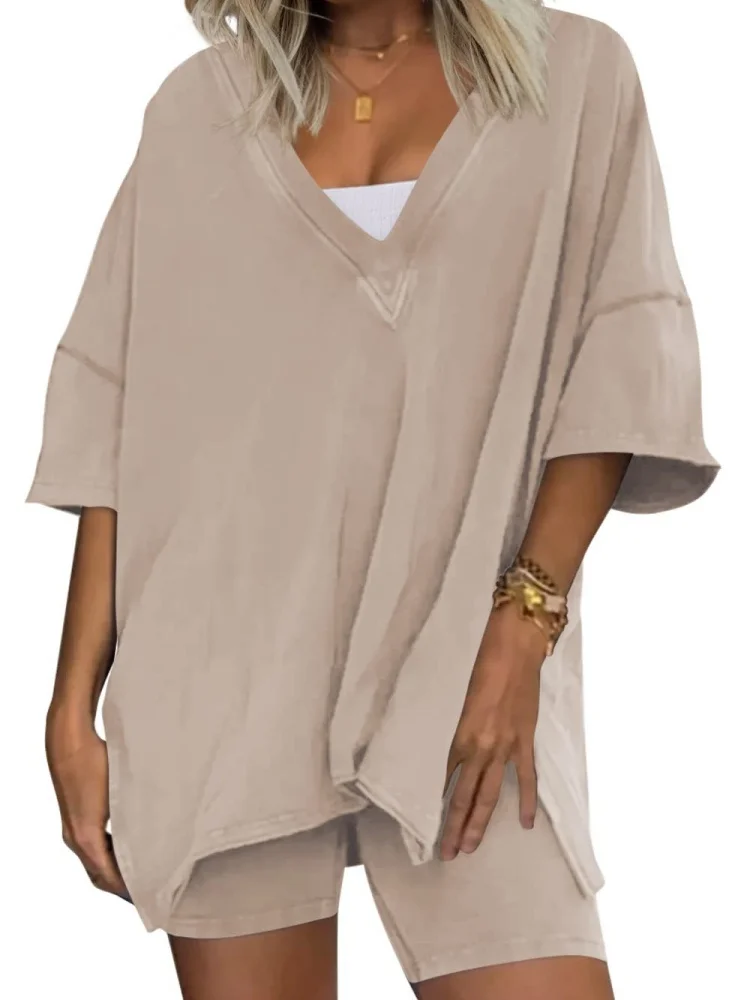 

Женский костюм-футболка из 2 предметов, свободный топ большого размера с v-образным вырезом, шорты, модная уличная одежда, повседневная спортивная домашняя одежда, летняя женская спортивная одежда