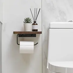 HeMu No Drill Walnut Wood Toilet Paper Holder with Shelf – Wall Mounted Tissue Roll Hanger with Phone Shelf for Bathroom
