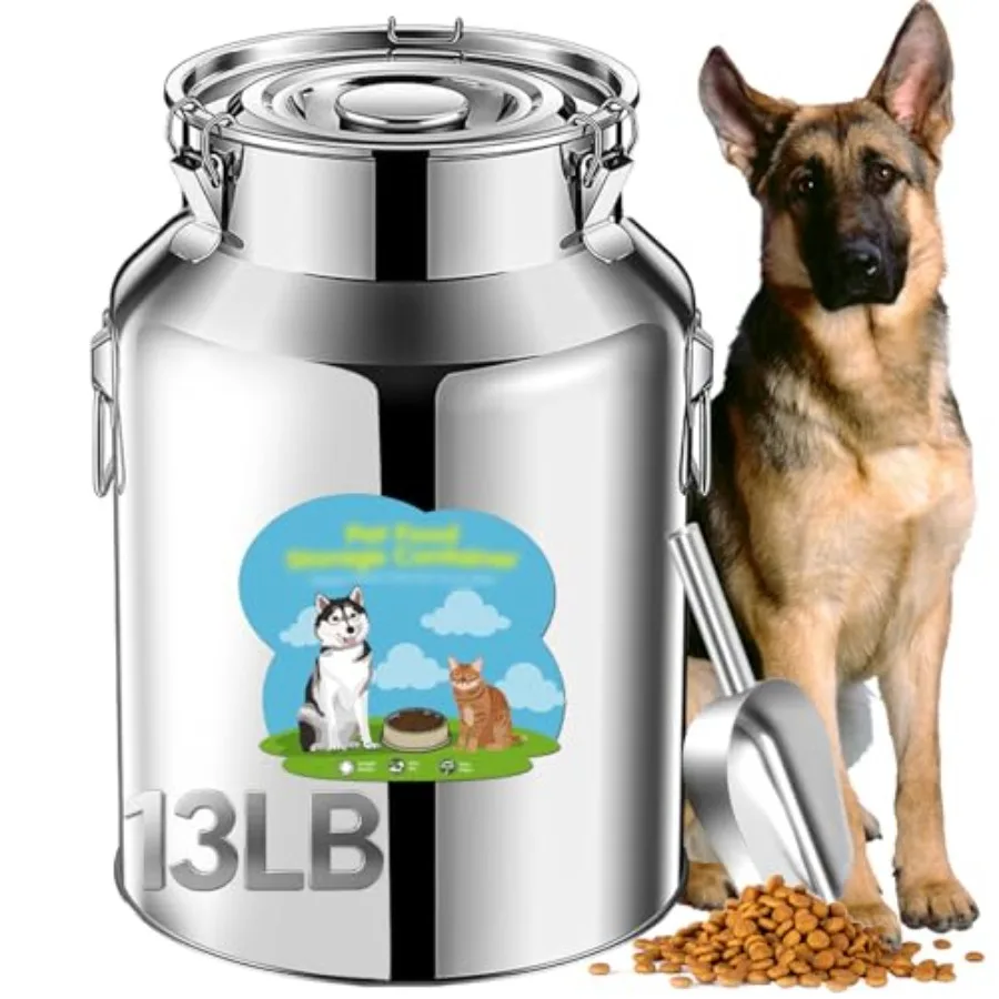 

Dog food storage container for home use, stainless steel, silver, airtight hangable lid and included scoop for freshness and ea