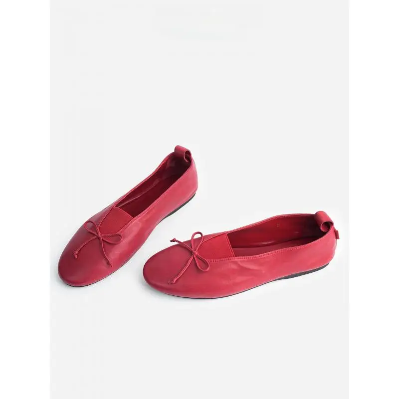 Dave&di Minimalist Leather Flat Shoes Women's Sheepskin Bow Round Toe Ballet Shoes Comfortable Elastic Shoes Grandma Shoes Woman