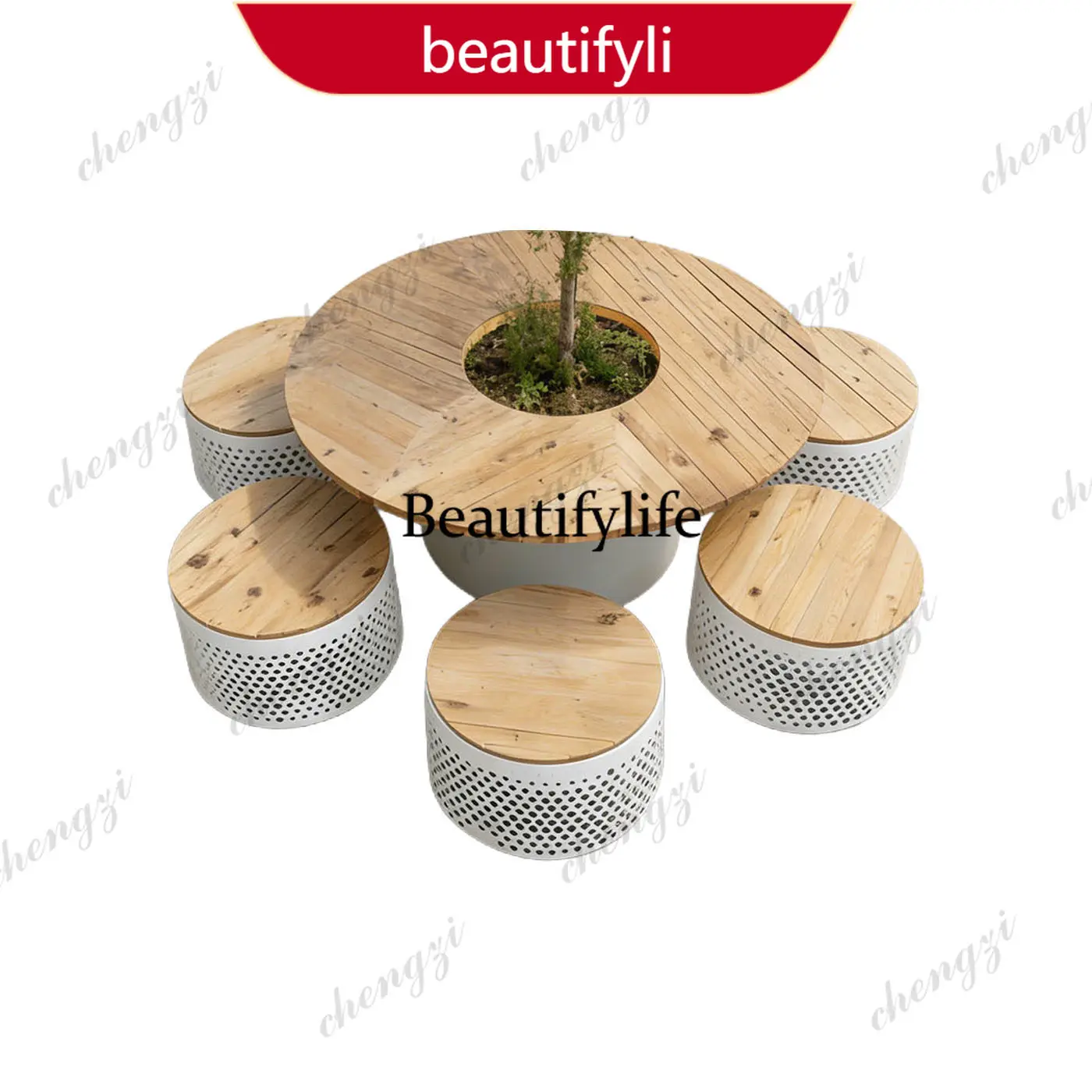 

01A Outdoor leisure tables, chairs, and flower box sets, mall, plaza, commercial courtyard, plastic wood round tables and chairs