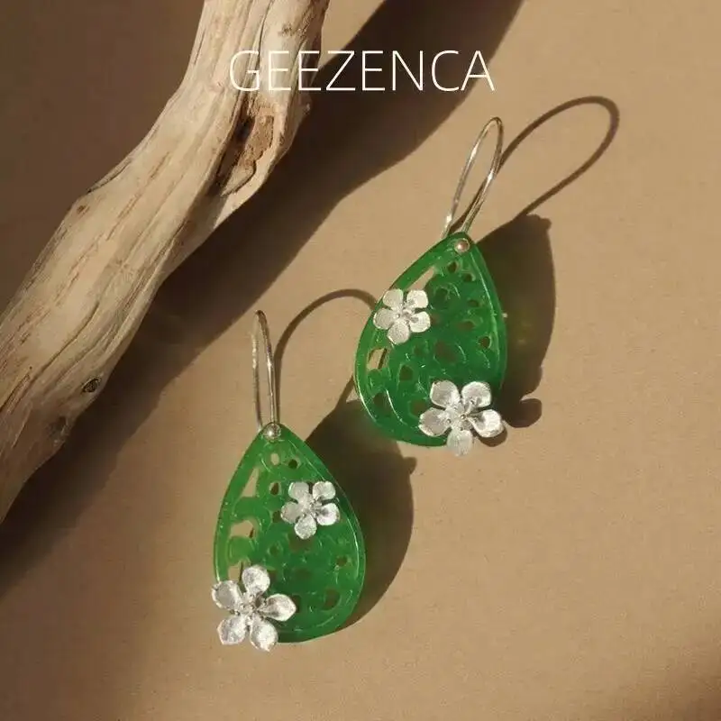 GEEZENCA Jadeite Hollow Teardrop 925 Silver Peach Flower Women Drop Dangle Earrings Green Jade Stone Dainty Earring Trendy Gift