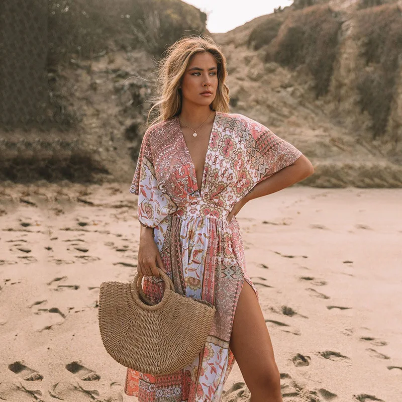 TEELYNN Floral Print Smock Frock Swim Bikini Cover Up Women Vintage Beach Boho Oversize Summer Long Dress Chiffon Robe Vestidos