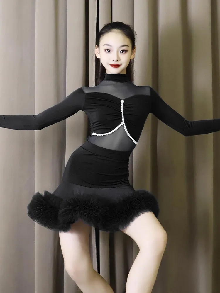2025 meninas trajes de desempenho vestido de dança latina malha manga longa alta pescoço saia superior terno chacha prática roupas dql11954
