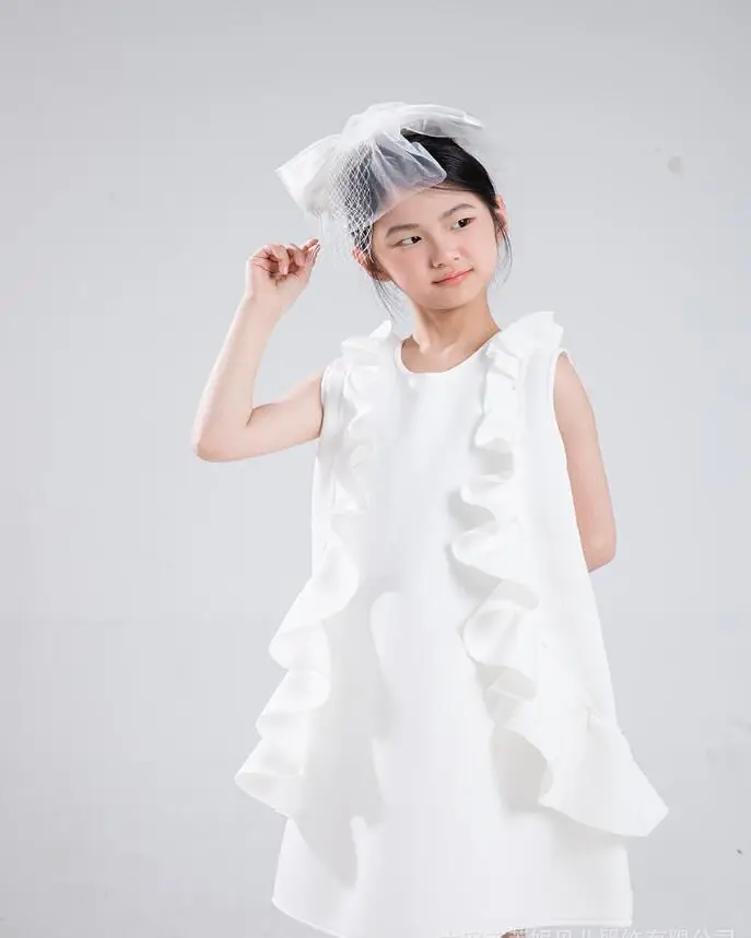 New Children' Elegant White Princess Ball Gown Girls Cute Sleeveless Ruffled Birthday Party Dress g112