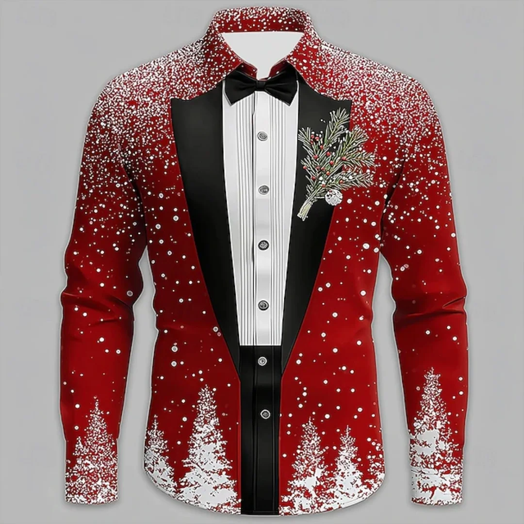 2026 New Christmas Men's Snowflake Tie Print Shirt Button Long Sleeve Festival Autumn and Winter Lapel Shirt Fast Shipping