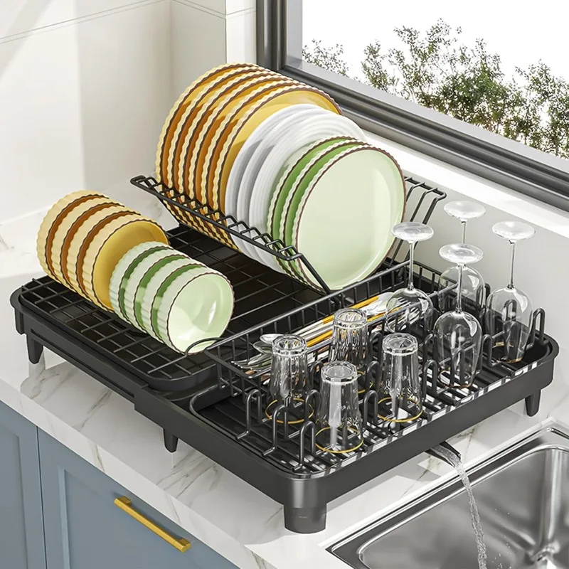 

Dish Drying Rack Gold, Multifunctional Dish Racks for Kitchen Counter with Drainboard 2 Tier Dish Drainer Large Capacity