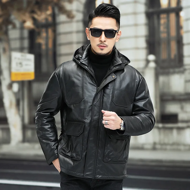 New Men's Cowhide Fur Coats Winter Male Casual Motorcycle Parka Down Jackets Plus Size Fashion Pocket Hooded Long Overcoat