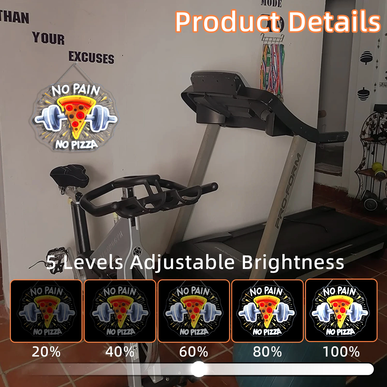 الصالة الرياضية النيون لا ألم لا البيتزا الأشعة فوق البنفسجية المطبوعة علامات ل جدار ديكور عكس الضوء الدمبل الحديد اللياقة البدنية نادي هدية للمراهقين غرفة الرياضة