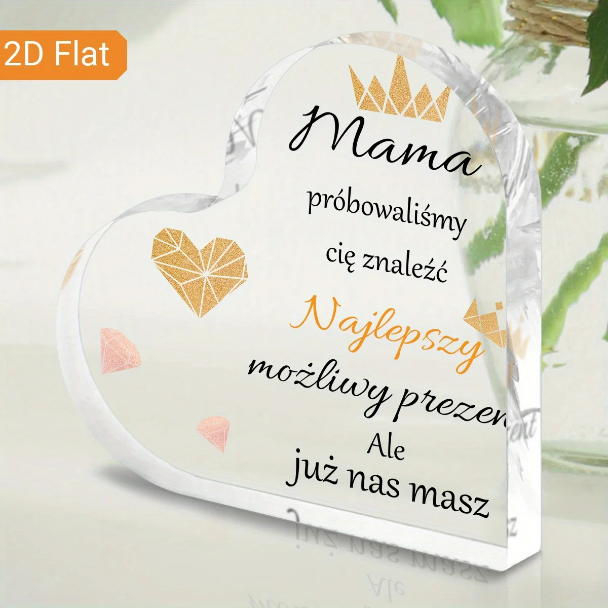 Polish Language Mother Gift Acrylic Heart Plaque Keepsake Decor,Heart Shaped Acrylic Plaque Polish Quote Gift for Mama Mother’s Day Desk Decor