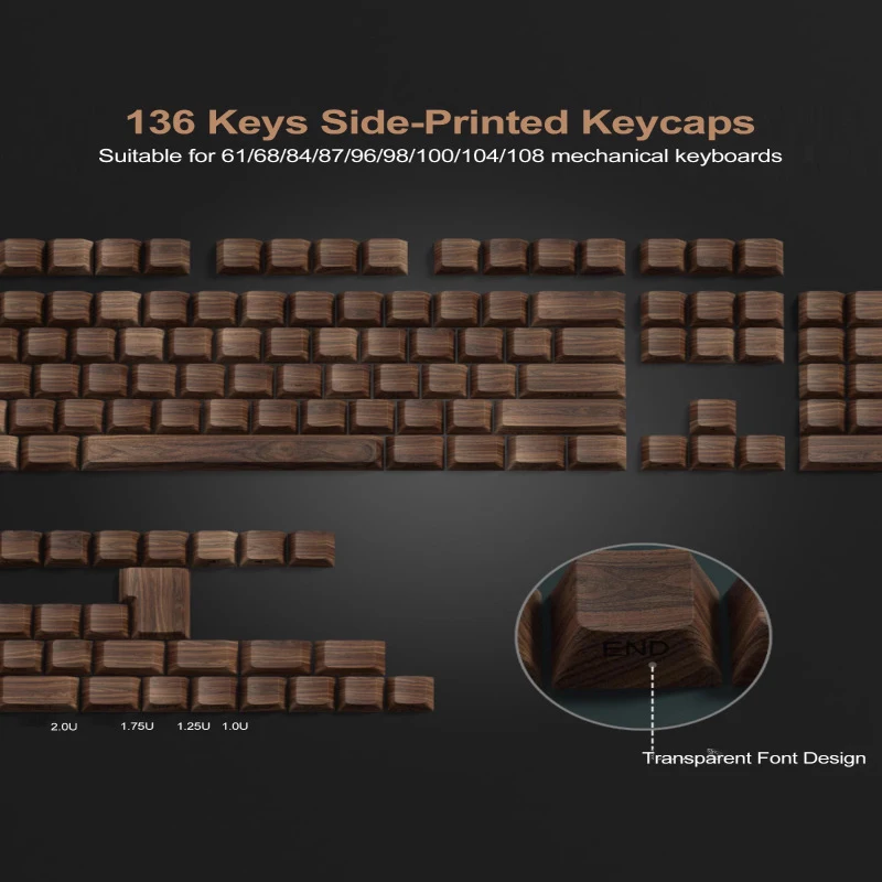 136 Keys Walnut Wood Grain Side Print PBT Keycaps Backlit Dye-Sub Cherry Profile For MX Switch Mechanical Keyboard