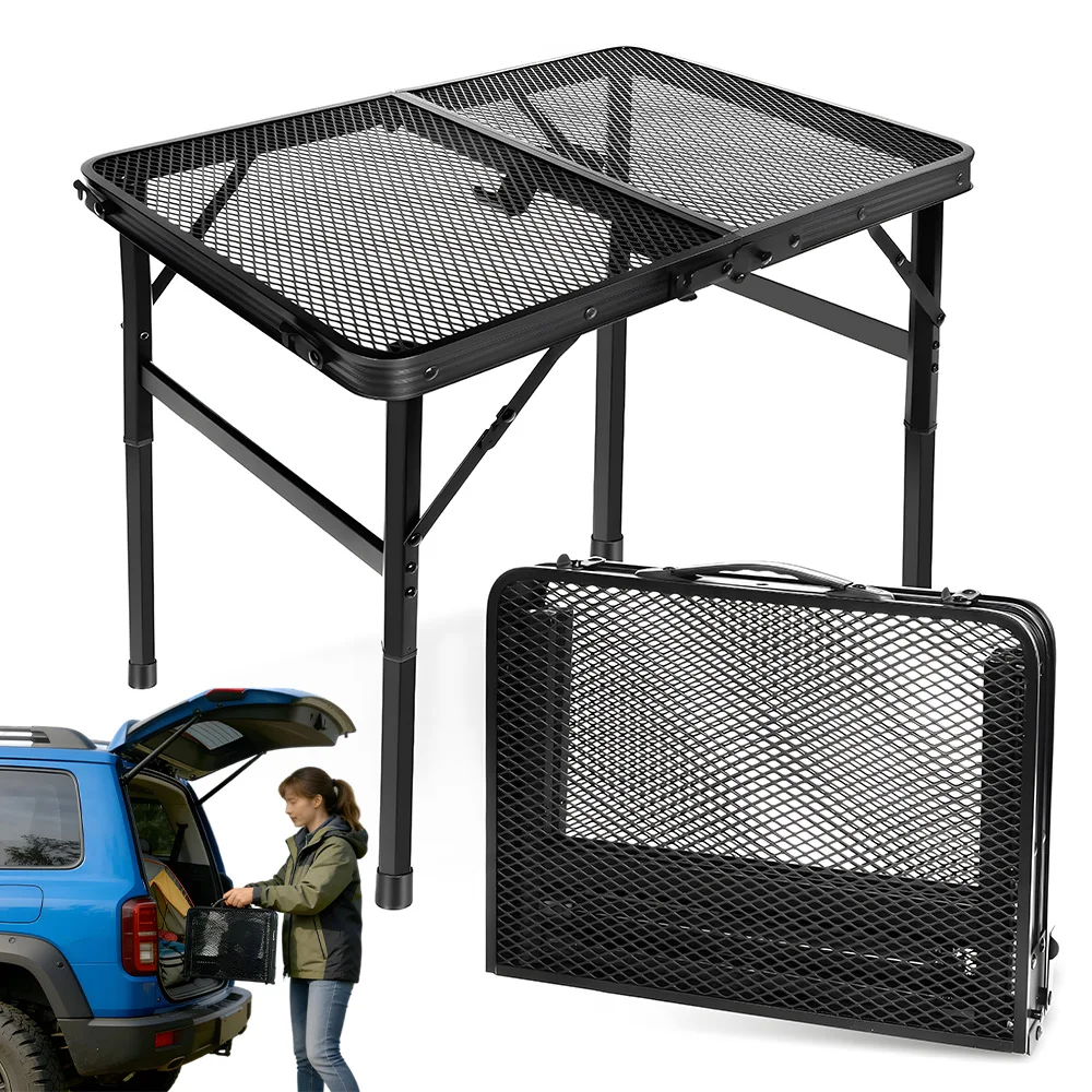 Table pliante d'extérieur à motif quadrillé, 60cm x 40cm, deux types de réglage de la hauteur, forte capacité de charge, peut être utilisée pour le camping en camping-car, le barbecue, la plage et la pêche.