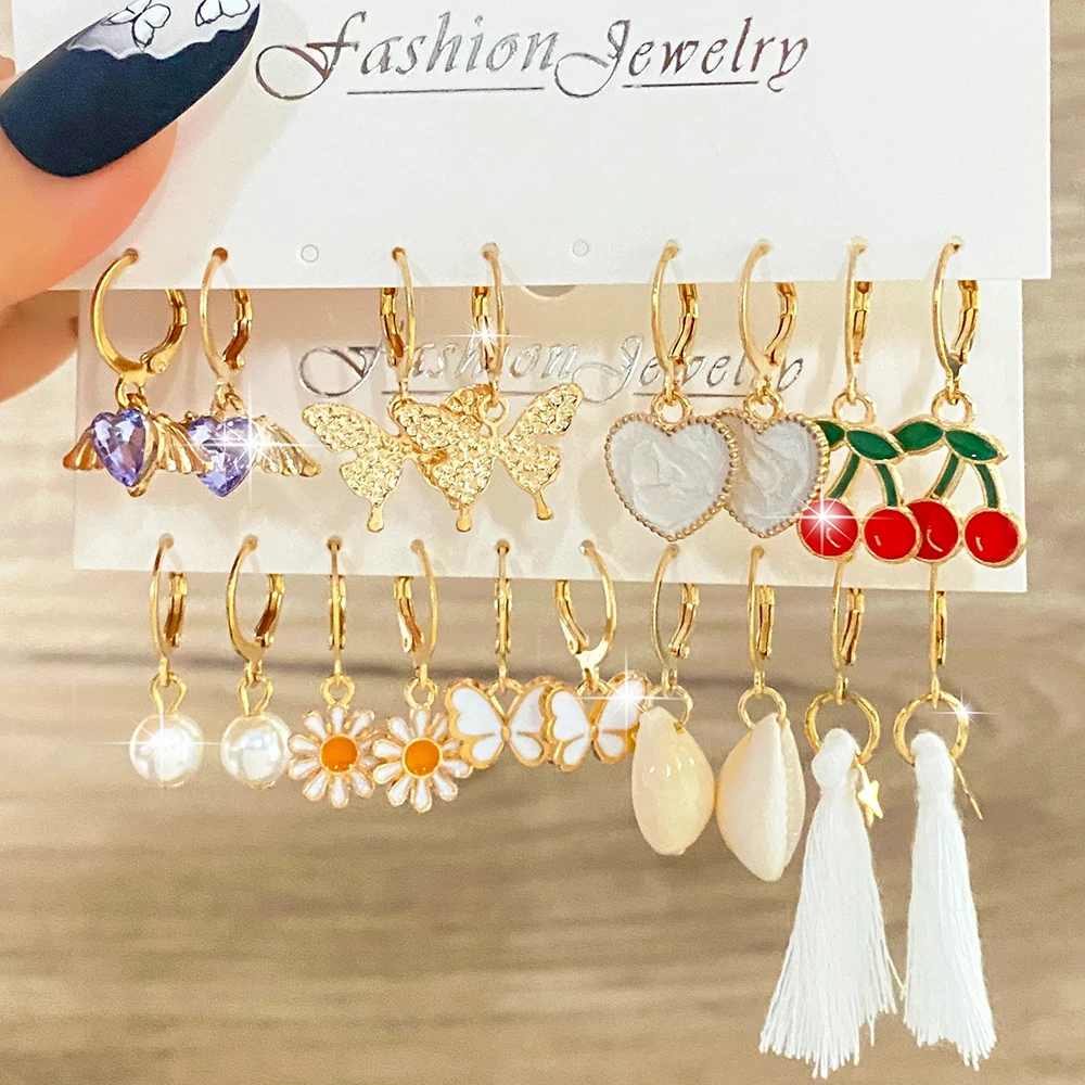 2022 Fashion Butterfly Daisy Earring Set Cherry Heart Pearl Long Tassel Dangle Earrings Women Ins Creative Oil Drop Jewelry