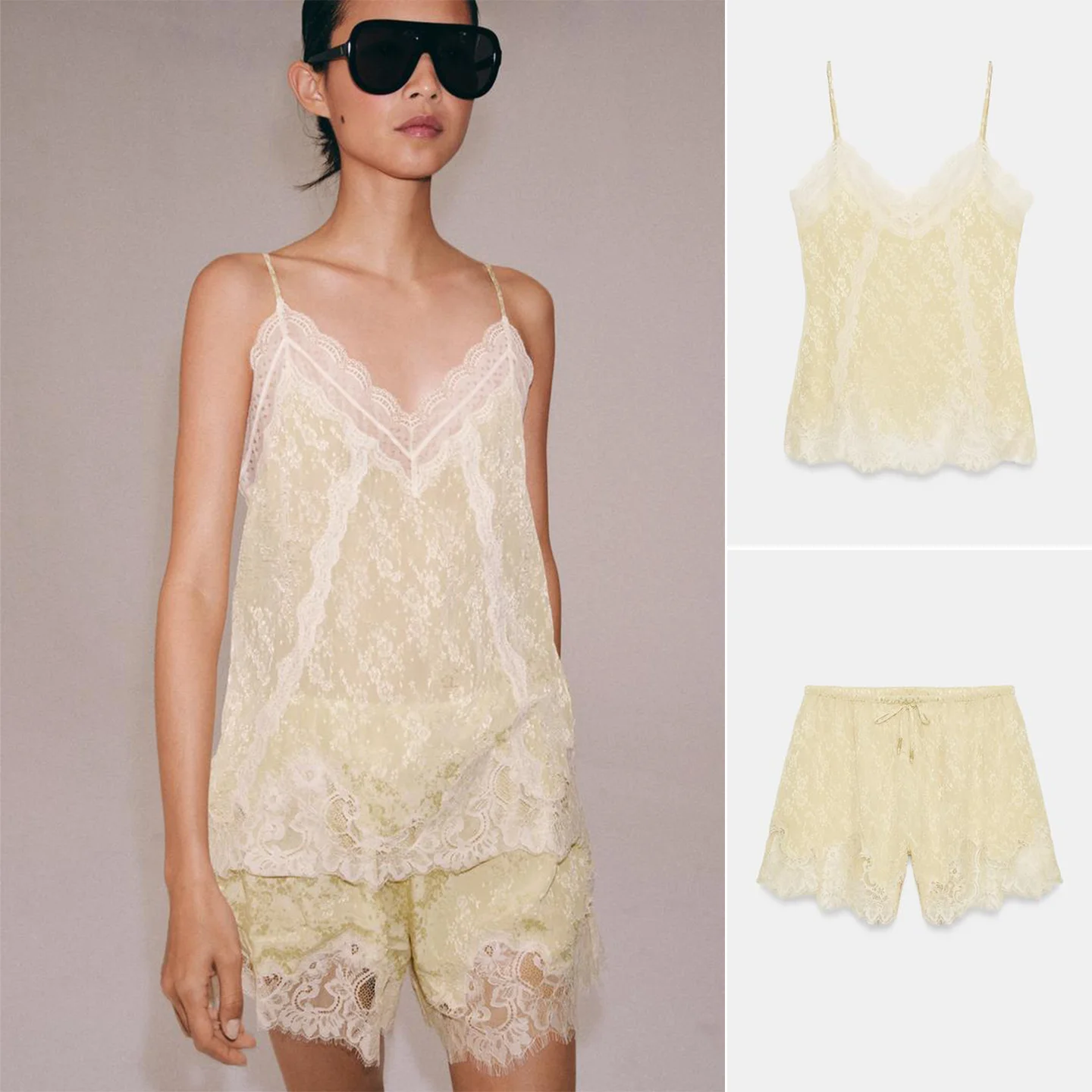 

round Neck Sleeveless Knot mid Waist Short Pants Women's Fashion Set Short Lace Trim Halter Neck Crop Top Spring
