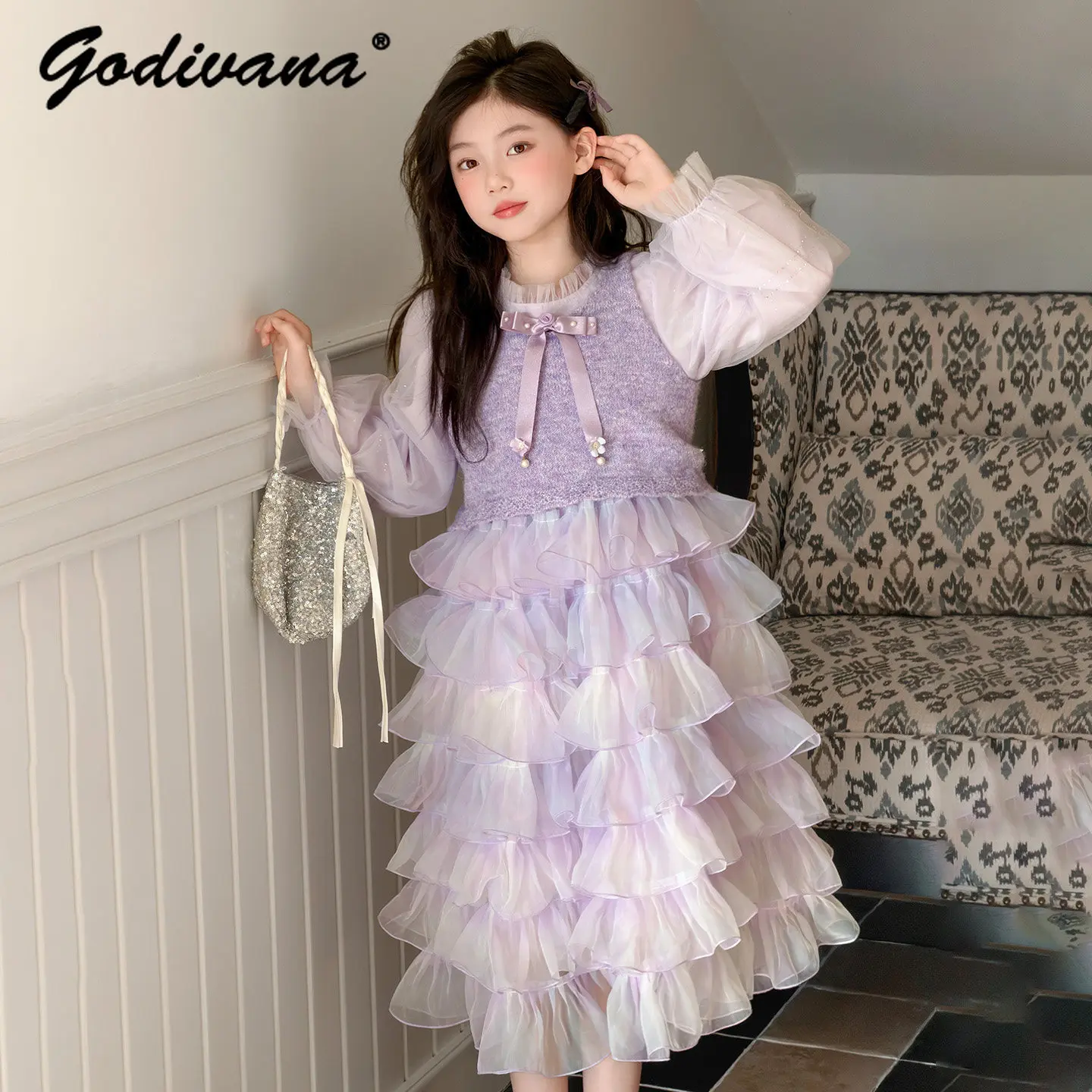 

Baby Girls 2026 New Spring Fashion Cake Dress Set Kids Ruffle Neck Mesh Puff Sleeve Princess Cake Dress and Sweet Bow Knit Vest