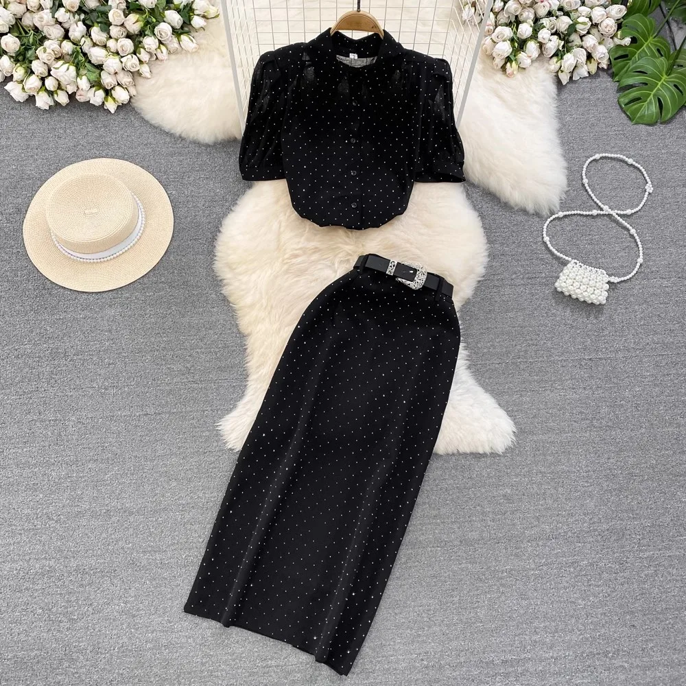 Summer Holiday Black Two Piece Women Dress Set Short Sleeve Dot See Through Chiffon Blouse Shirt + Belt Long Slit Skirt Suits