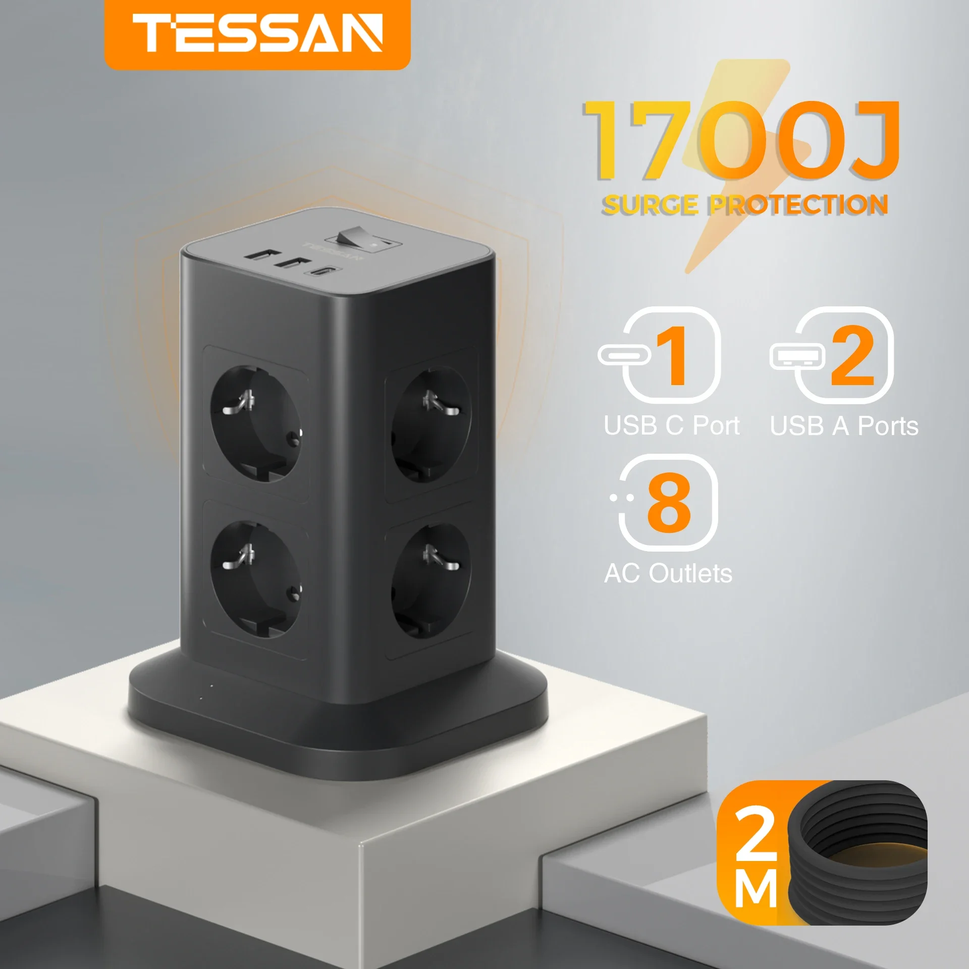 TESSAN Tower Power Strip with USB 2M Extension Cord Black Vertical Tower Power Strip with Surge Protection EU Plug Tower Socket