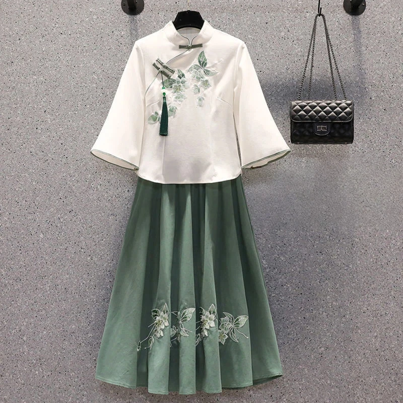 Übergroßes Damen-Sommer-Set mit Schmetterlingsmotiv, Süßes Chinesisches Kostüm, Besticktes Oberteil, Hanfu-Bluse und Rock-Set in Übergröße, Cheongsam