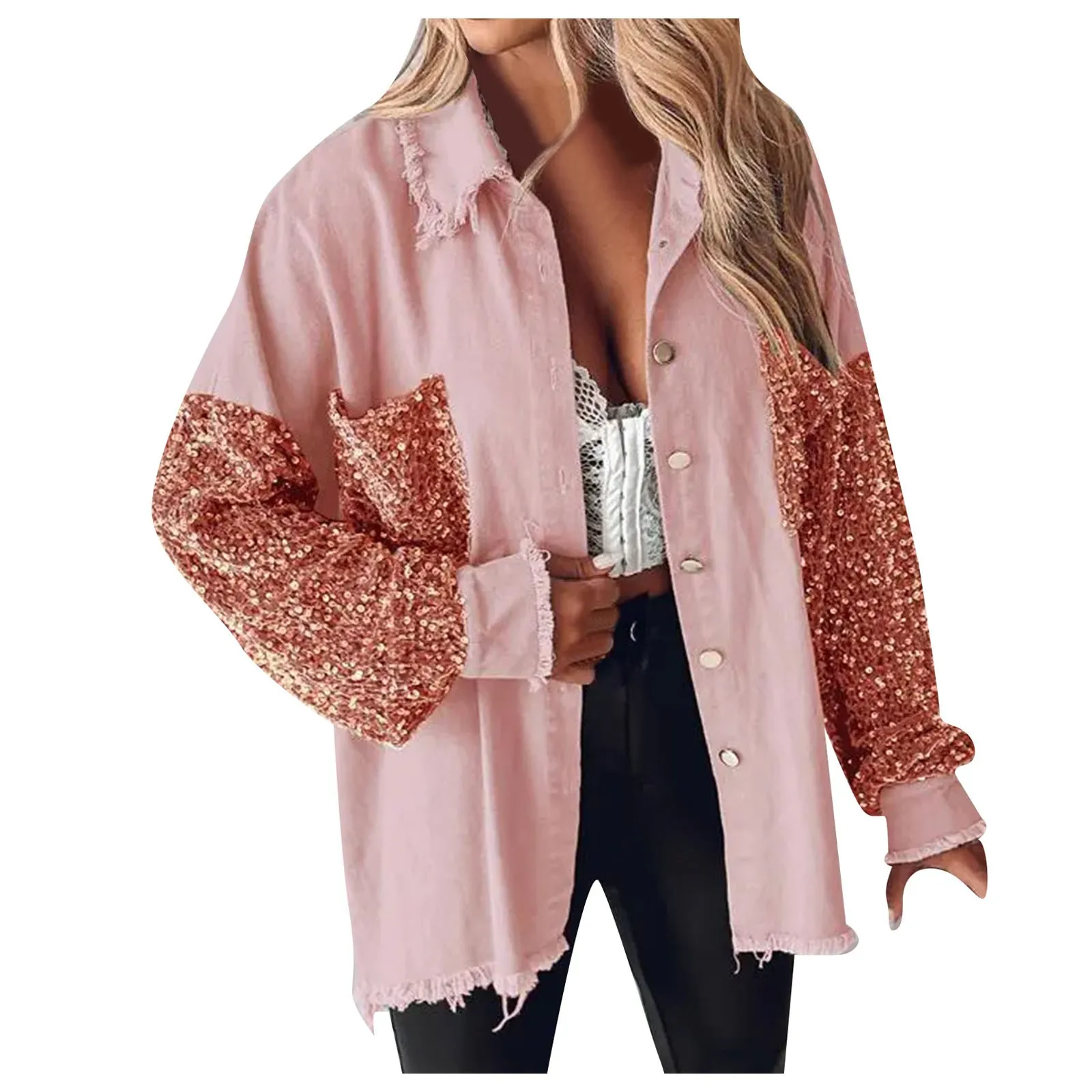 Womens Denim Jacket Glitter Sequins Long Sleeve Button Down Coat Jackets Spring Autumn Lightweight Raw Edge Outerwear Chaquetas