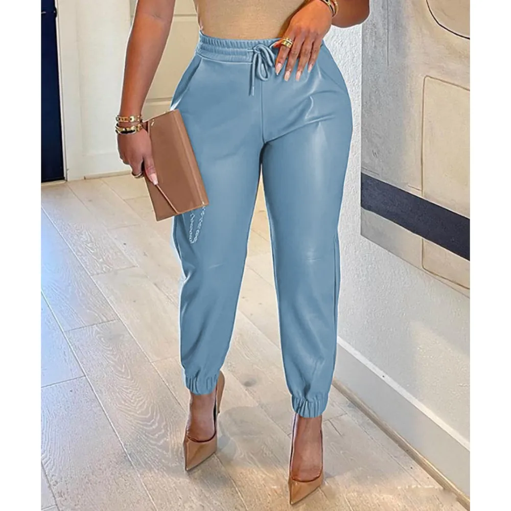 ربيع جديد بولي سروال ضيق من الجلد بنطال جلدي المرأة موضة مرونة الخصر الأشرطة سليم مقاوم للماء الإناث بولي Leather السراويل الجلدية الطويلة