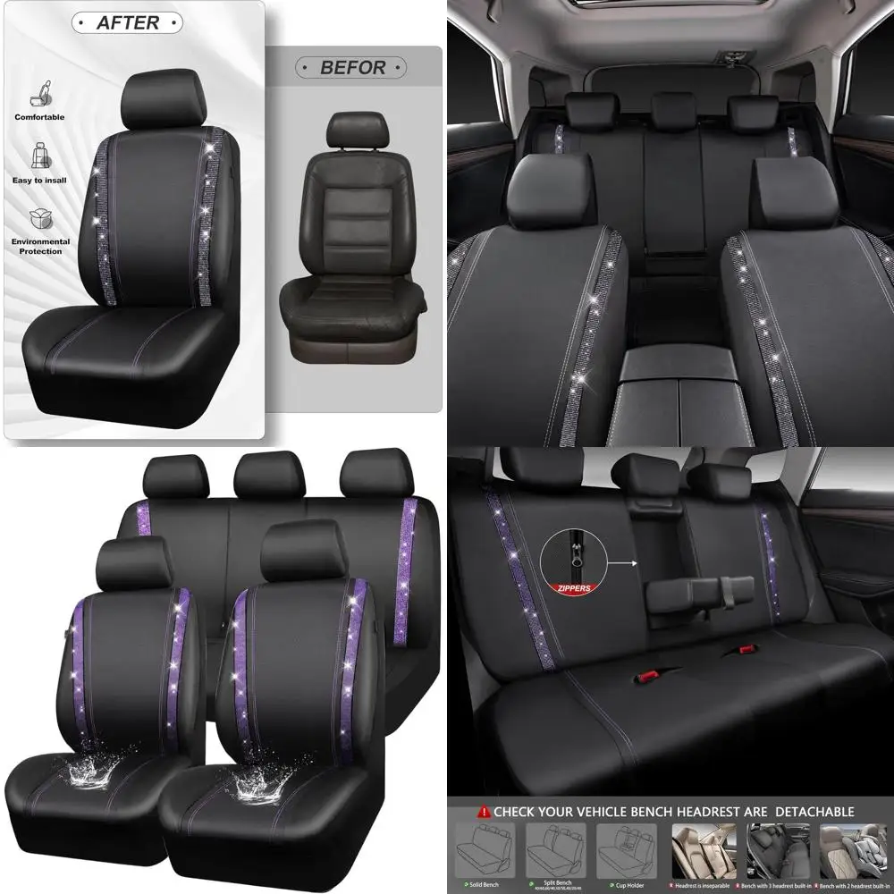 

Universal Fit Glittering Crystal Car Seat Covers, Waterproof Faux Leather with Rhinestone Accents, Zippered Rear, for Women, Vio