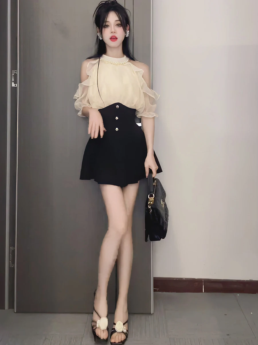 

Summer Faion Outfit Women's High Waist Pleated Skirt oulder Bared Top Two Piece Set Ele Feel ort Sve Long Sve