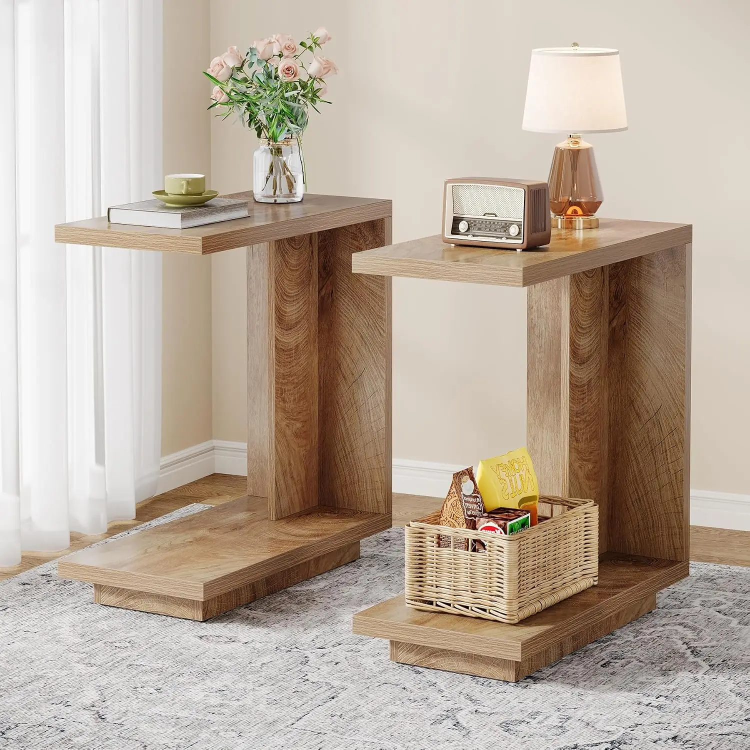 

C Shaped Side Table, Two Tier Narrow End Table, For Couch Living Room Bedroom, Sturdy Pedestal Base Organizer, Industrial Design, Brown, Two Piece Set