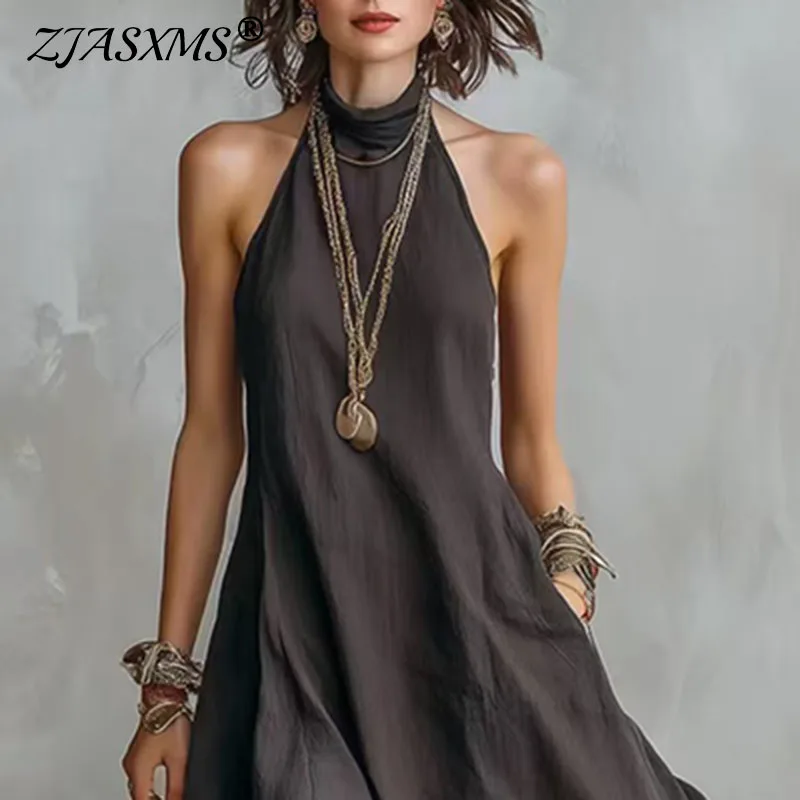 Sommerliches neues Boho-Kleid: Modisches, schlichtes Neckholder-Kleid, ärmellos, locker geschnitten, lange Kleider für Damen, lässig, einfarbig, mit Taschen, fließendes Maxikleid