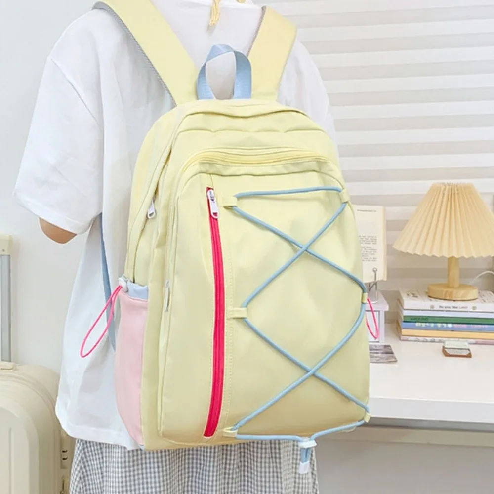 Cute Multi-pockets Drawstring Backpack Solid Color Large Capacity Student School Bag Dopamine Cloth Travel Rucksack Travel