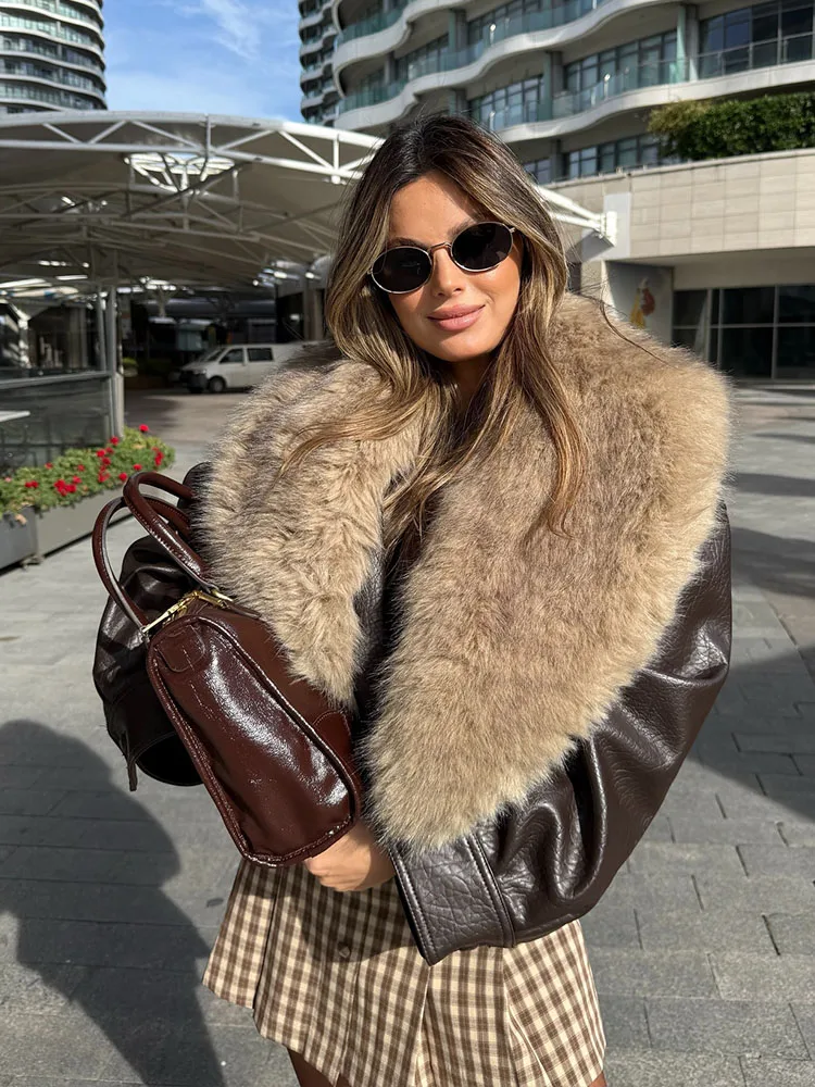 여성용 시크 포켓 버튼 장식 겨울용 따뜻한 재킷 여성 캐주얼 숏 코트 인조 퍼 효과 라펠 패션 루즈 재킷